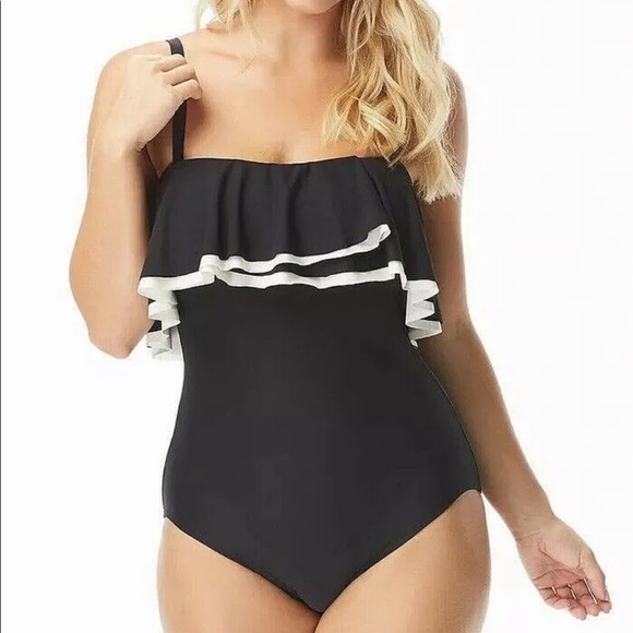 Contours by Coco Reef Women's Agate Ruffle Bandeau One Piece Black Swimsuit - Picture 9 of 12